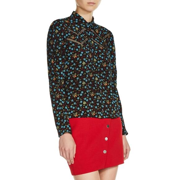 Maje Floral Print Ladder-Seam Snap Button Shirt Women’s Size 1/ Small - Picture 4 of 12